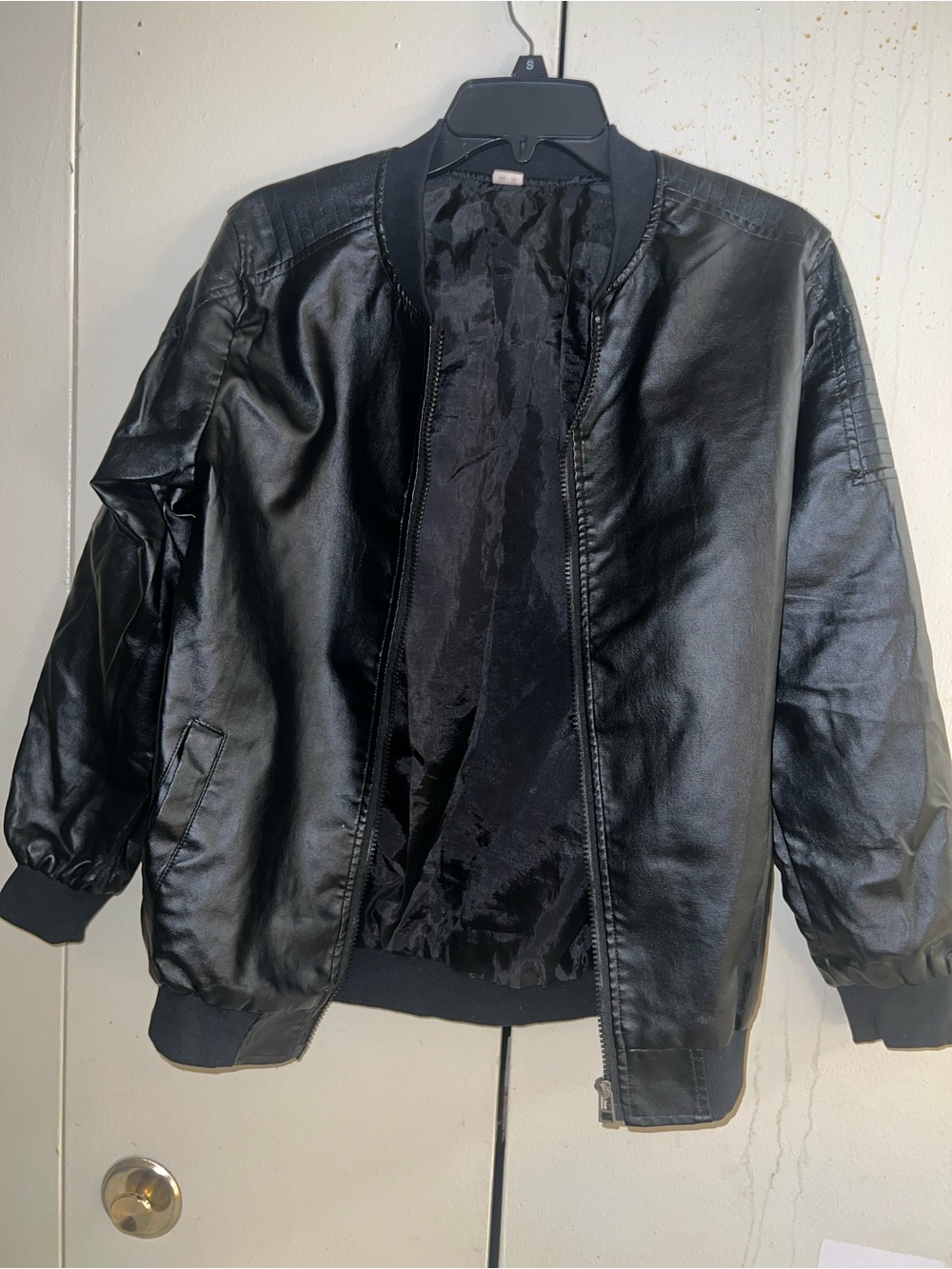 Men's Black Faux Leather Bomber Jacket - Sleek Urban Style